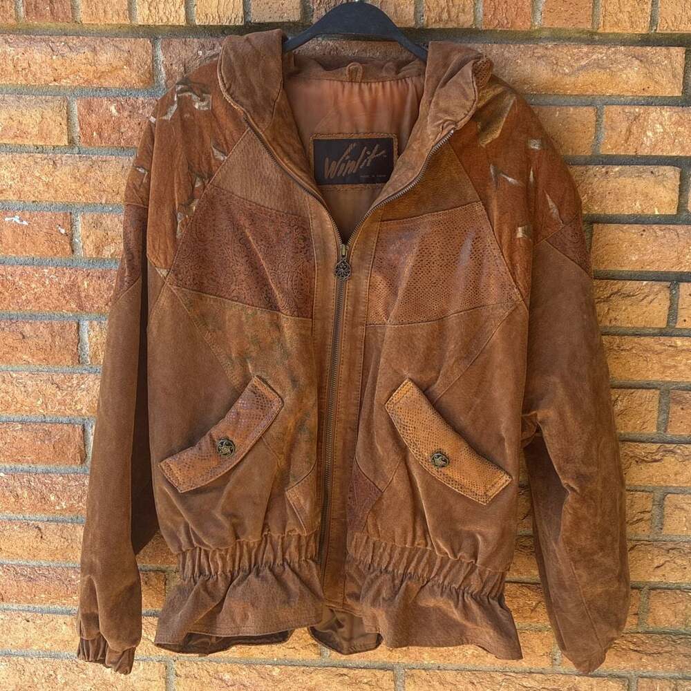 Winlit Vintage 80s Suede Leather Patchwork Hooded Jacket Brown Mixed Panel Bombe
